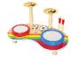 Un jouet de batterie en bois pour enfants avec deux tambours et cymbales.