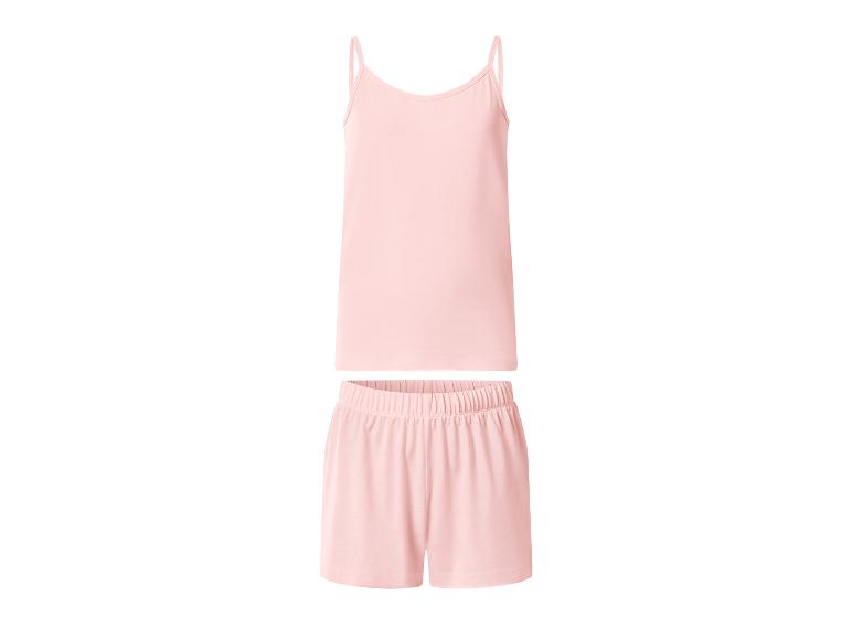 Pyjama femme deux pièces rose clair, avec débardeur à fines bretelles et short.