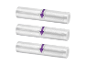 Trois rouleaux de sacs de mise sous vide transparents avec flèches violettes.