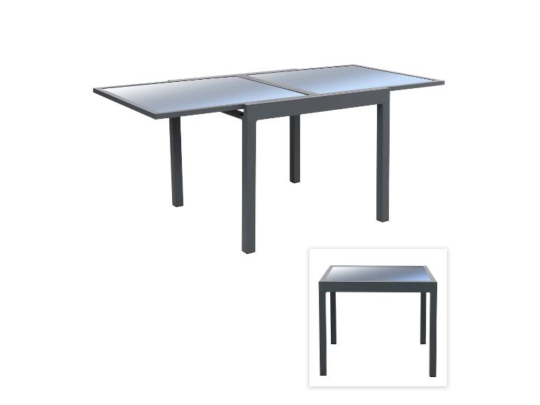 Table de jardin extensible avec cadre gris foncé et deux plateaux en verre, présentée étendue et compacte.