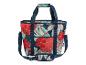 Sac isotherme à motif de fleurs rouges et feuilles vertes, avec poignées et bandoulière.
