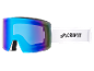 Masque de ski bleu miroir avec sangle blanche et logo noir.