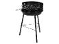 Barbecue à charbon noir sur trois pieds avec grille ronde et poignée.