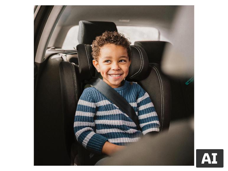 Enfant souriant dans une voiture, attaché en toute sécurité dans le siège auto BABYGO Freemove I-Size. [image générée par l'IA]