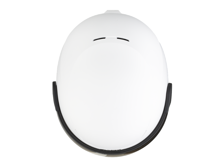 Casque de ski blanc avec fentes d'aération et visière noire, vue de dessus.