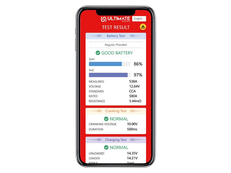 Écran de smartphone affichant les résultats de test de batterie, de démarrage et de charge avec pourcentages et mesures.