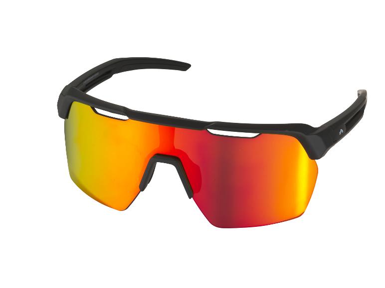 Lunettes de soleil de sport avec monture noire et verres miroir rouge-orange.