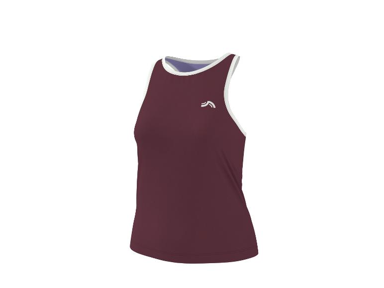 Débardeur de sport bordeaux sans manches avec liseré blanc et petit logo blanc.