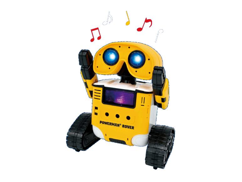 Un robot jaune et blanc à chenilles, avec des yeux bleus lumineux et des notes de musique au-dessus.