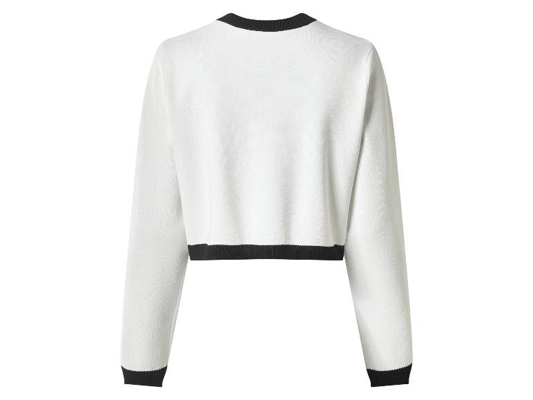 Pull blanc à manches longues avec col et ourlets noirs, vue de dos.