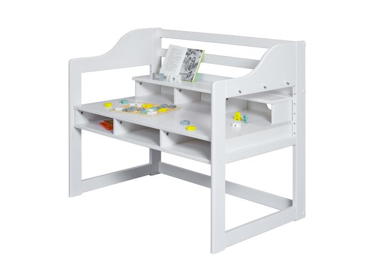 Bureau d'enfant blanc avec étagères et rangements.