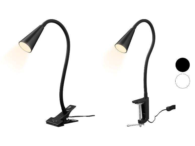 Deux lampes de bureau flexibles noires, une avec base à pince et une avec base à serre-joint.