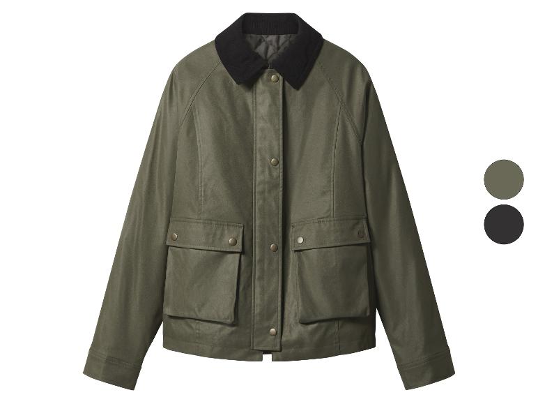 Veste vert olive avec col noir et poches, avec deux options de couleur.