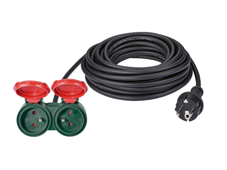 Rallonge électrique avec deux prises de courant et couvercles de protection rouges.