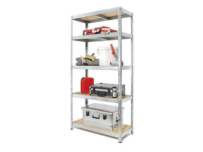 Un étagère en métal avec des outils, un bidon et des boîtes de rangement.