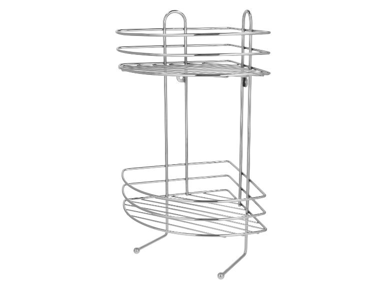 Étagère d'angle de douche en métal chromé à deux niveaux.