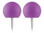 Deux punaises violettes avec des tiges en plastique blanc.