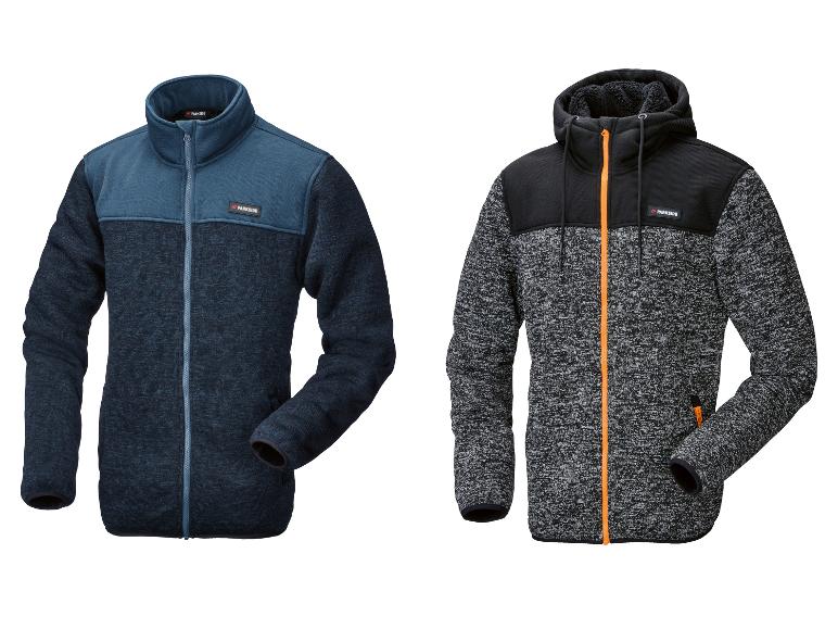 Deux vestes polaires Parkside pour hommes : une bleue sans capuche et une grise avec capuche et fermeture éclair orange.