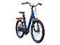 Vélo électrique bleu avec pneus Kenda, porte-bagages et style rétro.