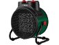 Radiateur soufflant électrique vert et noir avec boutons de commande rouges sur un support noir.