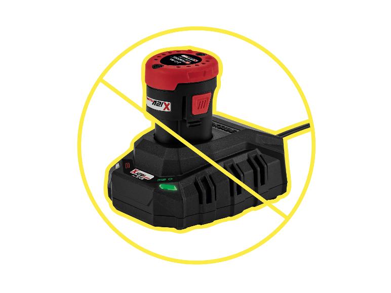 Batterie 2,0 Ah et chargeur pour outil sans fil, avec un cercle barré indiquant une interdiction.