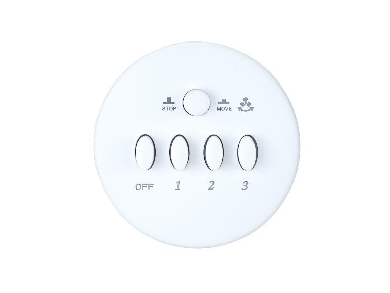 Panneau de commande circulaire blanc pour ventilateur avec réglages d'arrêt, de mouvement, d'oscillation et de vitesse (arrêt, 1, 2, 3).