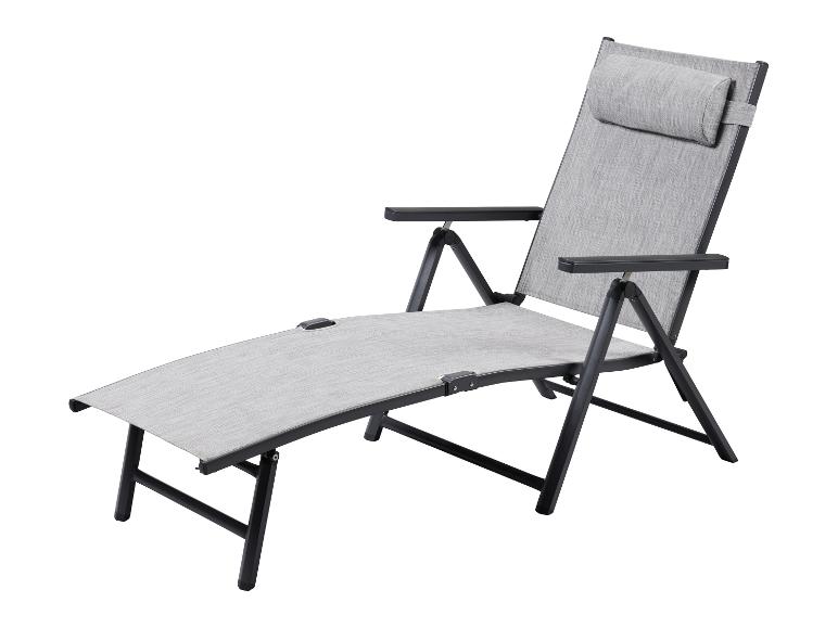 Chaise longue grise réglable avec accoudoirs et oreiller cervical