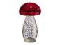 Lampe de table en forme de champignon avec un chapeau rouge et un pied argenté.