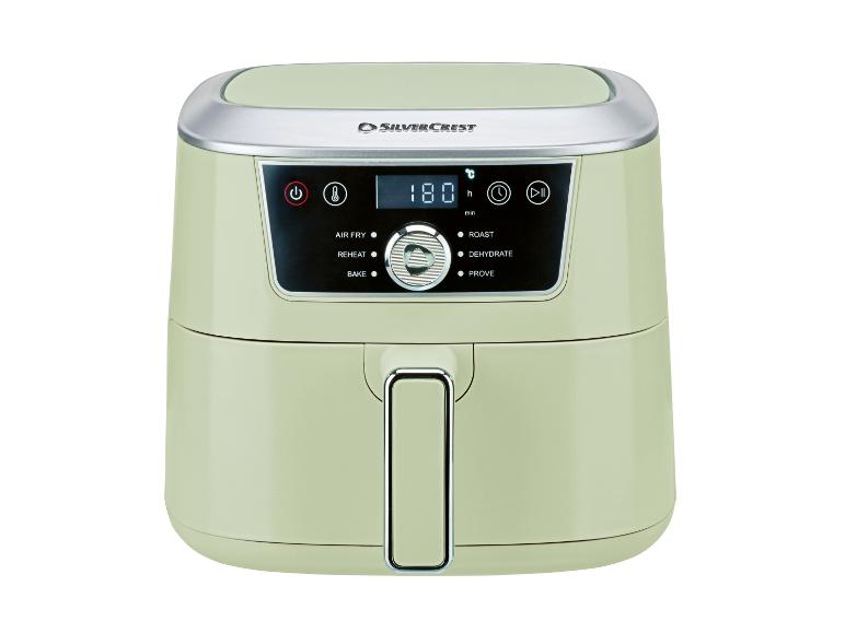 Friteuse à air vert clair avec affichage numérique indiquant 180 degrés Celsius et diverses fonctions de cuisson.