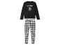 Un pyjama noir à manches longues avec un logo 'Wednesday' et un pantalon à carreaux noirs et blancs.