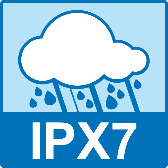 Badge d'étanchéité IPX7, montrant la pluie et un nuage.