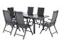 Ensemble de salle à manger d'extérieur gris foncé avec table rectangulaire et six chaises pliantes.