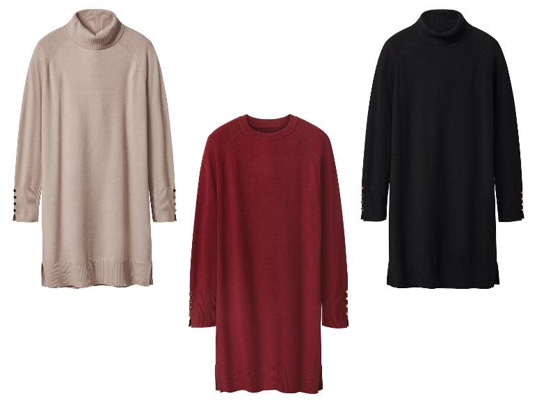 Trois pulls à manches longues en beige, rouge et noir avec des boutons aux manches.