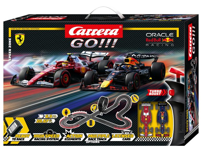 Boîte du circuit de voitures Carrera GO!!! Speed Zone avec des F1 Ferrari et Red Bull.