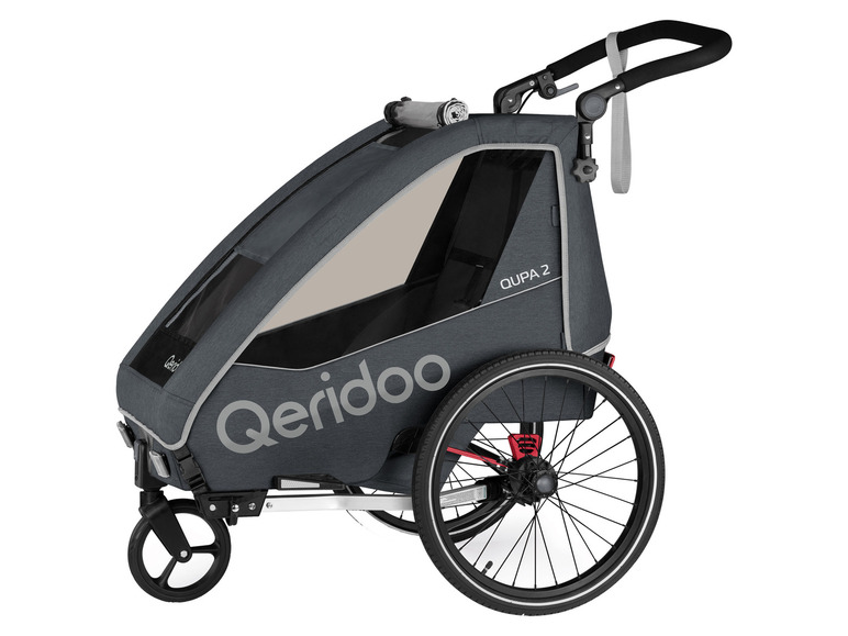 Une remorque à vélo Qeridoo Qupa 2 grise avec une grande roue arrière.