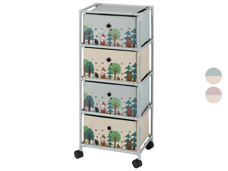 Meuble de rangement à quatre tiroirs avec motifs de forêt et d'animaux.