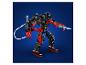 Robot jouet noir et rouge avec des accents bleus et une arme bleu clair à la main.
