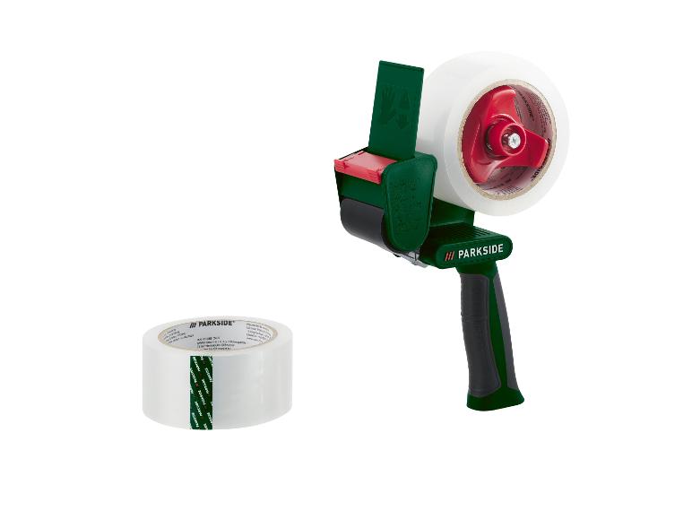 Distributeur de ruban adhésif Parkside et rouleau de ruban adhésif transparent.