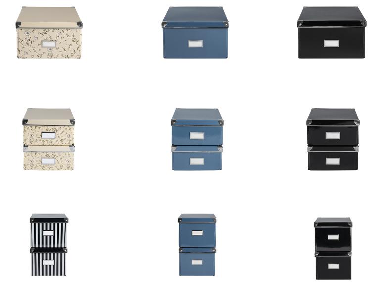 Boîtes de rangement empilables : motifs floraux, bleu et noir.
