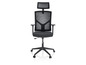 Chaise de bureau noire avec dossier en mesh et appuie-tête.