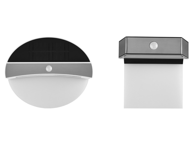 Deux lampes LED d'extérieur, une ronde et une rectangulaire, avec capteur et panneau solaire.