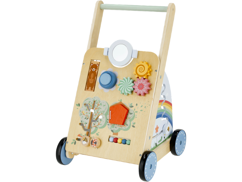 Chariot de marche en bois avec miroir, engrenages et perles colorées.