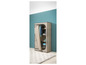 Une armoire en tissu beige avec une penderie et des étagères remplies de vêtements.