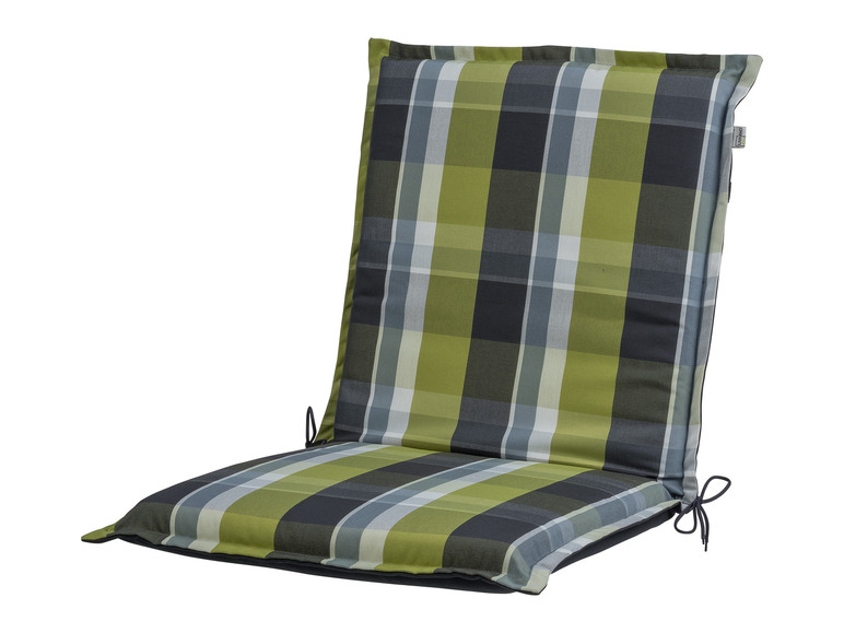 Un coussin de chaise vert et gris à carreaux de Livarno.