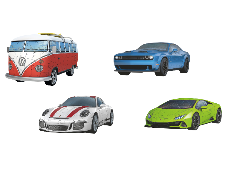 Puzzles de véhicules 3D RAVENSBURGER avec un combi VW, une Dodge Challenger, une Porsche et une Lamborghini.