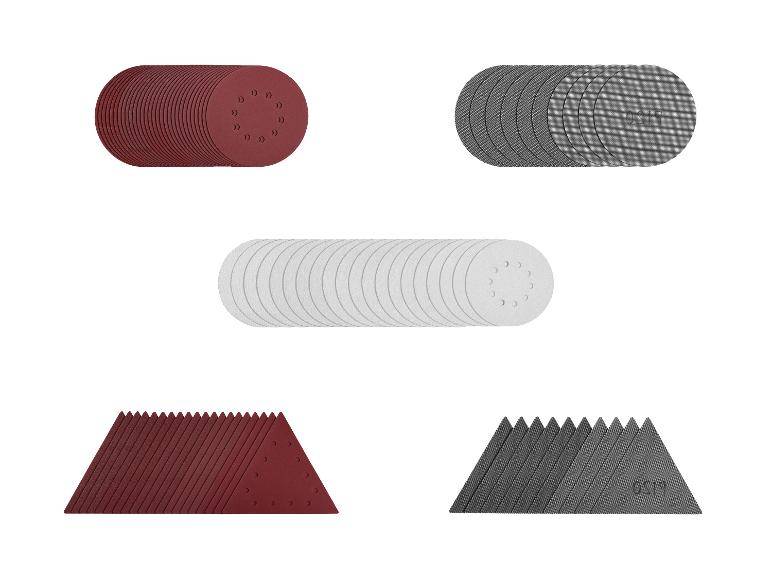 Ensemble de disques abrasifs : ronds et triangulaires.