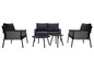 Un ensemble de salon noir avec deux fauteuils, un canapé deux places et deux tables.