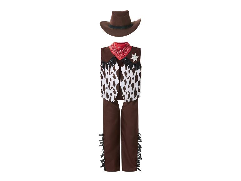 Déguisement de cowboy avec chapeau marron, bandana rouge, gilet tacheté et chaps marron.