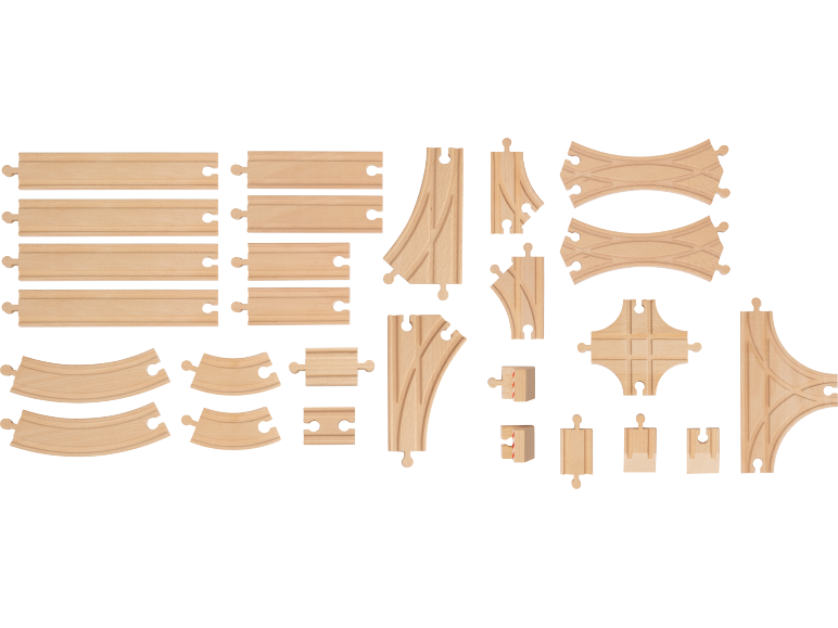 Rails de train jouet en bois, y compris des pièces droites, courbes, d'aiguillage et de croisement.