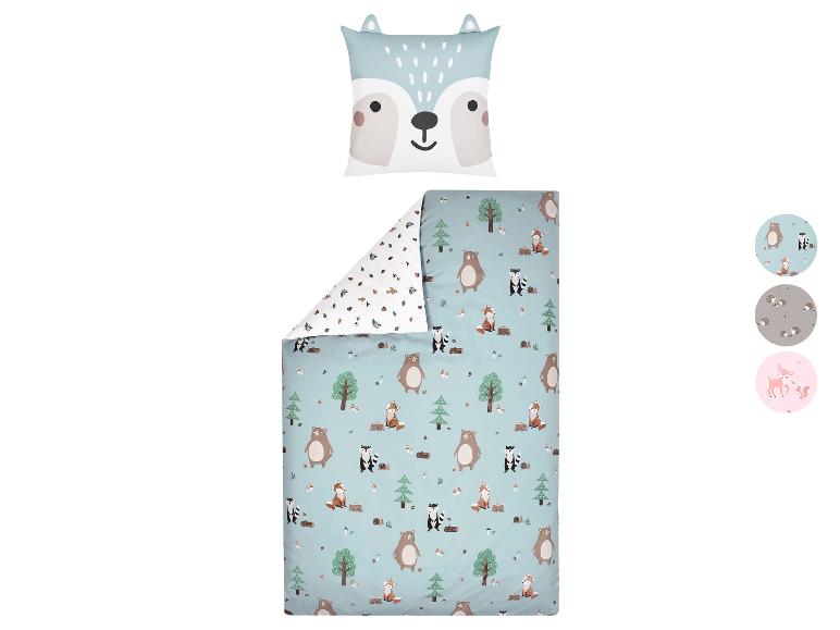 Parure de lit enfant avec motif animaux de la forêt et oreiller en forme de renard.